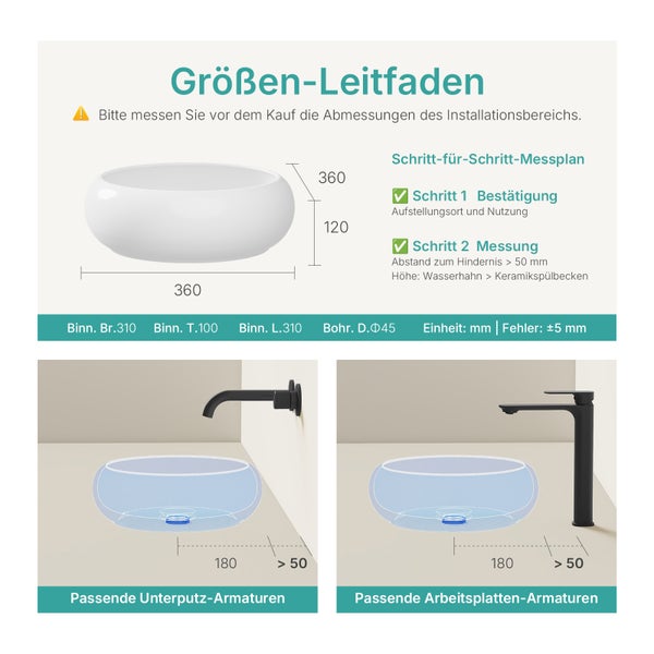 Größeninformationen für ein Keramikwaschbecken mit Maßangaben und Installationshinweisen