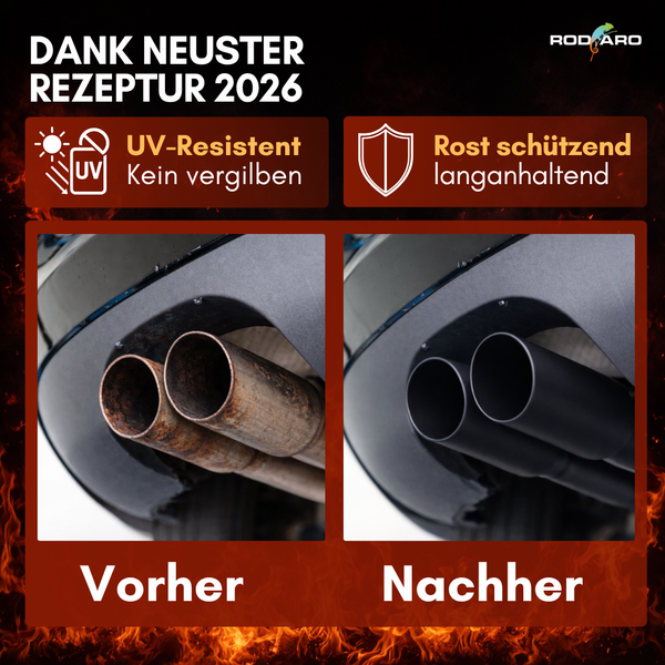 Vorher und Nachher Vergleich von einem Autoauspuff mit Rostschutz und UV-beständiger Beschichtung von Rodaro.