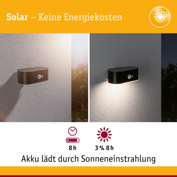 Solar LED Außenwandleuchte Adya Bewegungsmelder IP44 3000K 200lm Schwarz