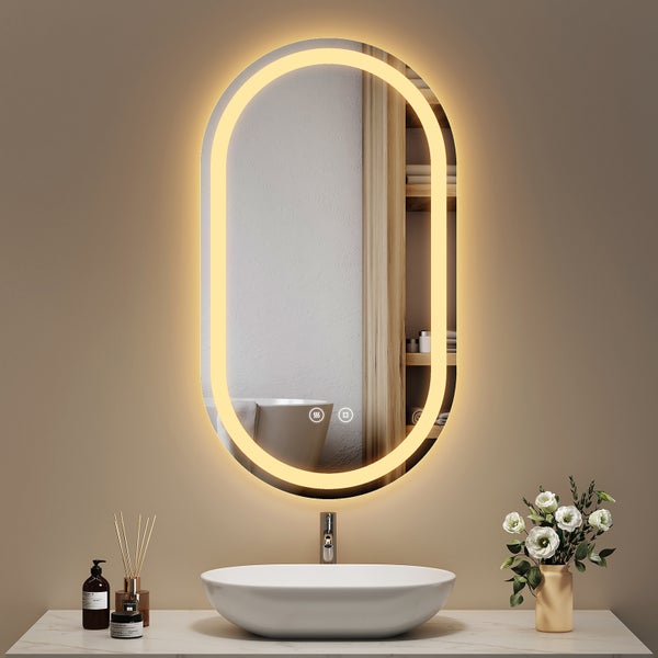 EMKE LED Badspiegel 50x90 cm Oval, Touch-Schalter, 3 Farbtemperaturen einstellbar, dimmbar, Antibeschlag, Stromausfall-Speicher, mattierte Spiegelkante, flexibel montierbar, IP44, rostfreier Spiegel, für Bad