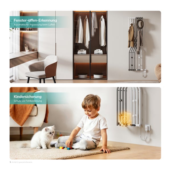 Elektrischer Designheizkörper als Handtuchhalter an der Wand mit Fenster-offen-Erkennung und Kindersicherung in zwei Wohnszenarien dargestellt.