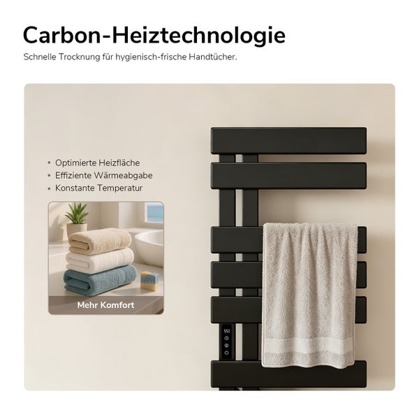 Moderner Handtuchheizkörper mit Carbon-Heiztechnologie, digitaler Anzeige und aufgehängtem Handtuch.