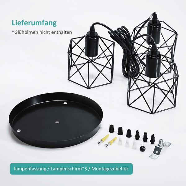 Lieferumfang der schwarzen Dreifach-Pendelleuchte mit Lampenfassung, Lampenschirm und Montagezubehör (Glühbirnen nicht enthalten)