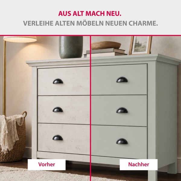 Vorher-Nachher-Vergleich einer renovierten Kommode mit neuem Farbanstrich und dunklen Muschelgriffen.
