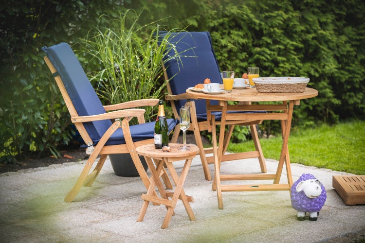 Gartenmöbel Set Teak Hochlehner mit Auflage blau marine navy premium