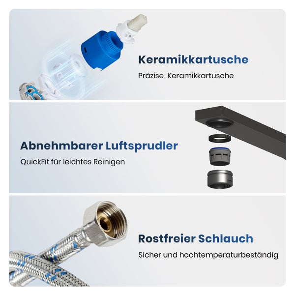 EMKE Küchenarmatur Schwarz Matt – Ultraflaches Design, 360° Schwenkbar, Edelstahl Einhebelmischer für Moderne Küchen, 30x22x10 cm, 3/8’’ Anschluss