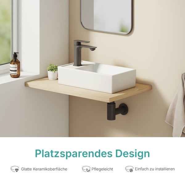Modernes Waschbecken mit Armatur auf Holzkonsole in einem Badezimmer mit platzsparendem Design, glatter Oberfläche und einfacher Montage.