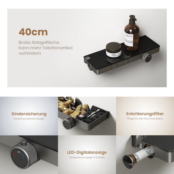 EMKE Duschsäule mit Thermostat, matt Anthrazit, 4-fach Wasserauslass, Handbrause mit 3 Strahlarten, digitales Display, Vorablauffunktion & Filter – multifunktionales Duschsystem