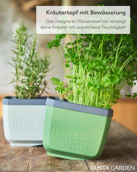 Zwei Kräutertöpfe mit Bewässerungssystem und Kräutern auf einem Holztisch.