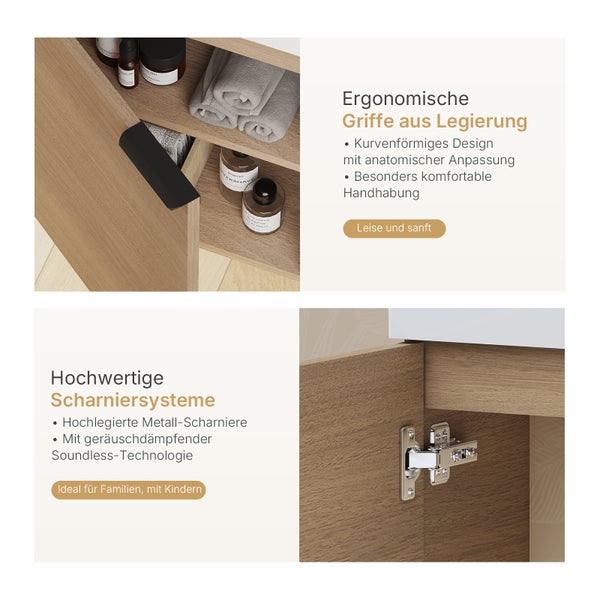 Detailaufnahme von ergonomischen Griffen und hochwertigen Scharniersystemen eines Möbels