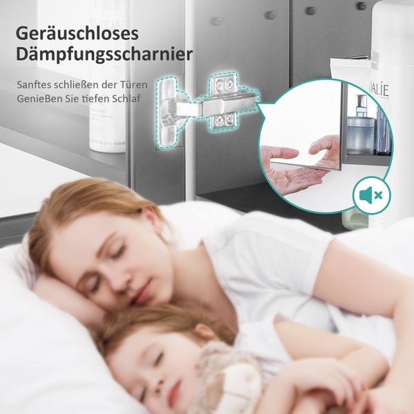 EMKE Spiegelschrank 850x145x650 mm, Grau, Rechteckig, Horizontal, 3 Innenräume, 3mm Rostfreies Spiegelglas, Mit Silent-Design Dämpfungsscharnieren, Badezimmer-Aufbewahrungsschrank, für Bad