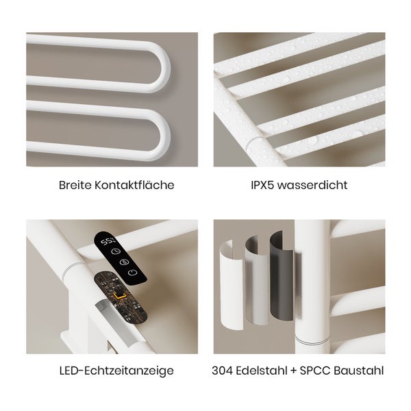 Details eines Handtuchwärmers: breite Kontaktfläche, wasserdicht gemäß IPX5, LED-Echtzeitanzeige, gefertigt aus 304 Edelstahl und SPCC Baustahl