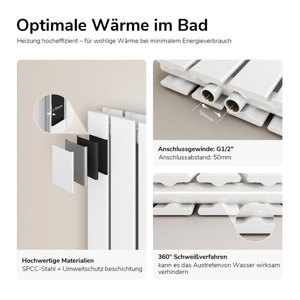 Detailansicht eines weißen Badheizkörpers mit Informationen zu Material, Schweißverfahren und Anschlussgewinde