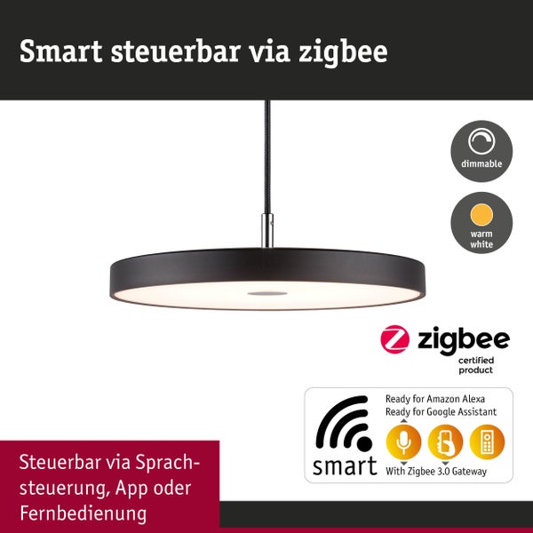 Pendelleuchte smart steuerbar via Zigbee, dimmbar, warmweiß, kompatibel mit Amazon Alexa und Google Assistant.