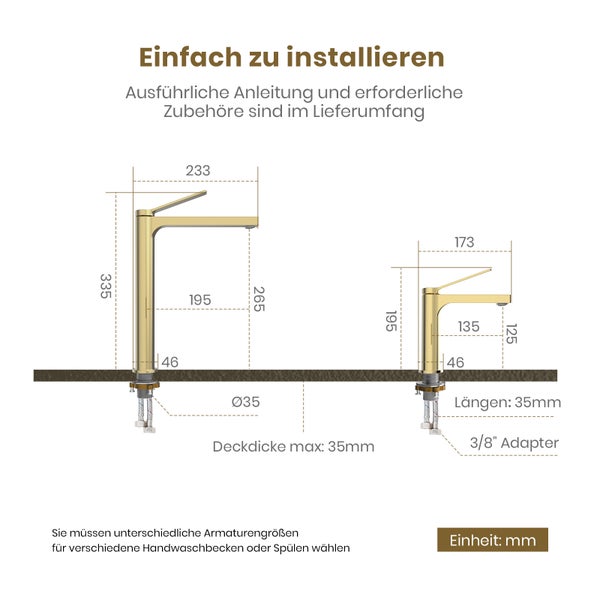 Maße der Armatur für Waschbecken