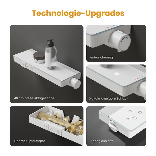 EMKE Duschsystem mit Thermostat, Mattweiß, Duscharmatur-Komplettset, 3-Strahlarten-Duschkopf, Temperatur-LED-Display, Chlorfilter, mit 40 cm Ablagearmatur, für Badezimmer