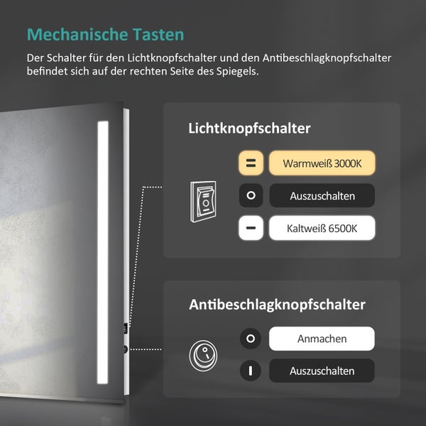 EMKE LED Badspiegel 60x45 cm, Badezimmerspiegel mit Touch-Schalter, Antibeschlag, Sicherheitsfolie, Warmweiß/Kaltweiß, IP44 Wandspiegel für Bad