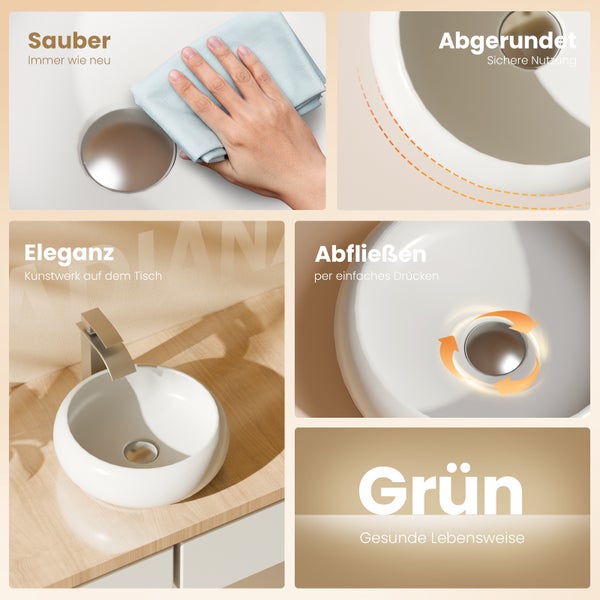 EMKE Aufsatzwaschtisch Ø36 cm Gebogen Gäste-WC Waschbecken Keramik Weiß Glänzend Ohne Hahnloch