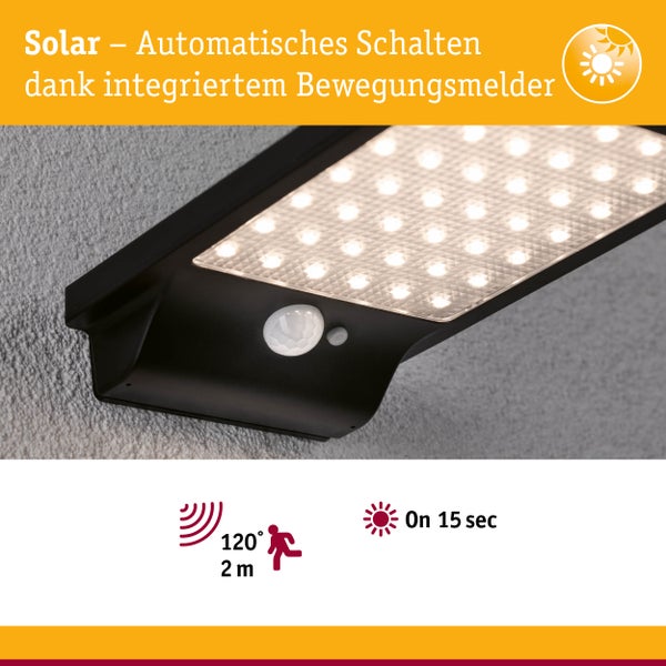 Solar LED Außenwandleuchte Solveig Bewegungsmelder IP44 3000K 338lm Schwarz