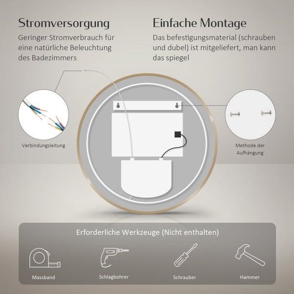EMKE LED Badspiegel Ø60 cm, 4300K Neutrales Licht, Antibeschlag, Dimmbar, Gebürsteter Goldrahmen, Uhr, Temperaturanzeige, für Badezimmer