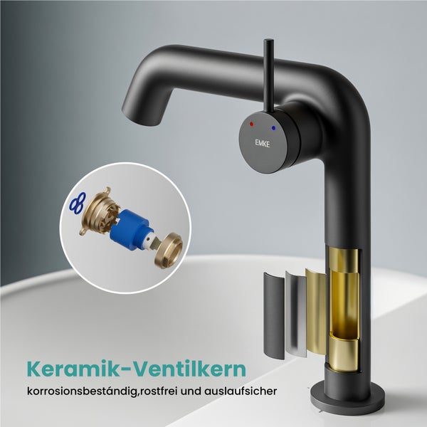 EMKE Einhebel-Waschtischarmatur, Badarmaturen, Waschbecken Armatur - Schweizer Design, Minimalistisches Design，G3/8, Wassersparend, Korrosionsschutz, Warm- & Kaltwasser, Bleifreies Messing, Pflegeleicht, Schwarz Matt