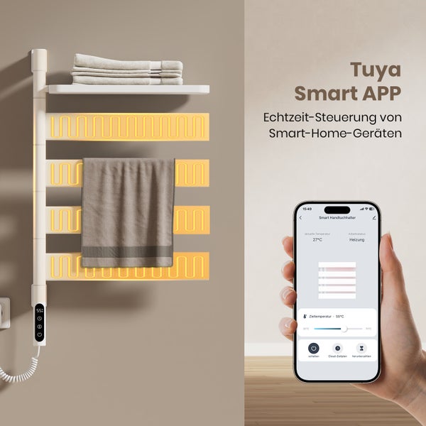 Smarter Handtuchwärmer mit Handtüchern und Smartphone mit App zur Temperaturregelung
