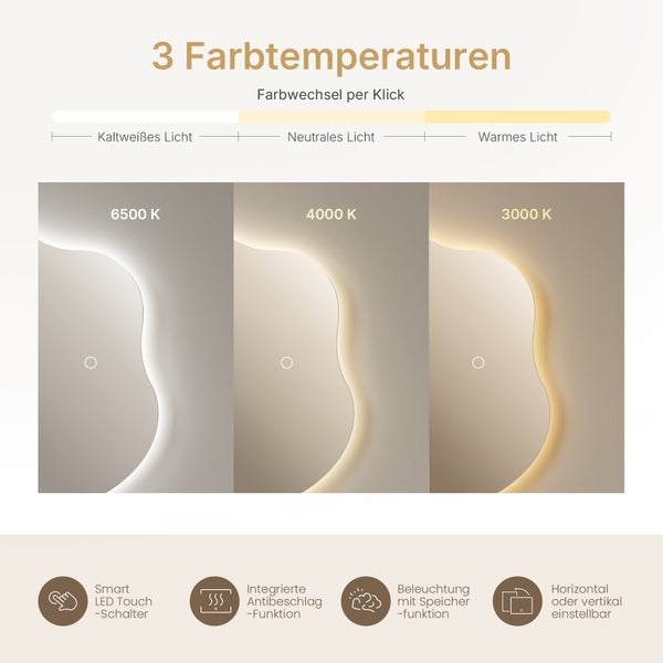 EMKE LED Badspiegel 50 x 60 cm, asymmetrisches Design, Hintergrundbeleuchtung, 3 Farbtemperaturen, dimmbar, Anti-Beschlag, rostfreier Spiegel, flexibel montierbar, IP44, für Badezimmer & Schlafzimmer geeignet
