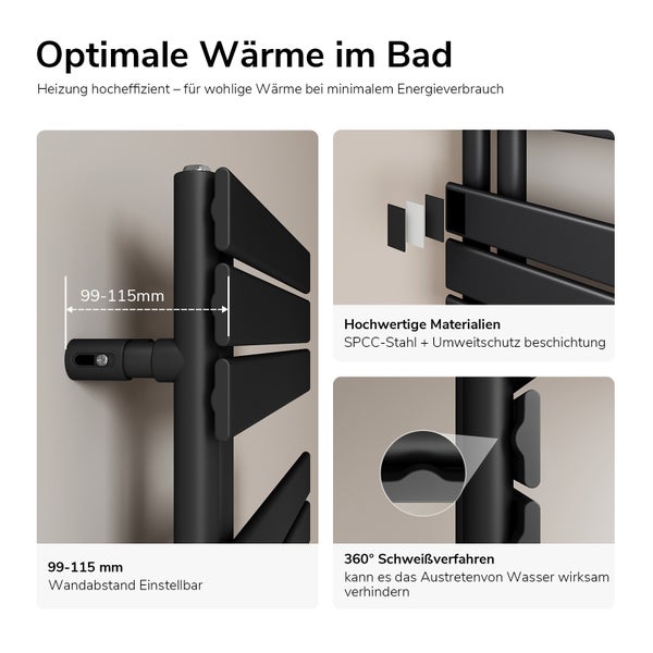 Detailansichten eines schwarzen Badheizkörpers, der die Wandmontage und Materialbeschaffenheit zeigt.
