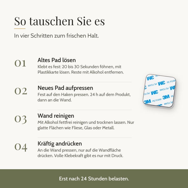 Anleitung zum Austausch eines Klebepads in vier Schritten mit Hinweisen zur Vorbereitung der Oberfläche und Anwendung des 3M Klebepads.