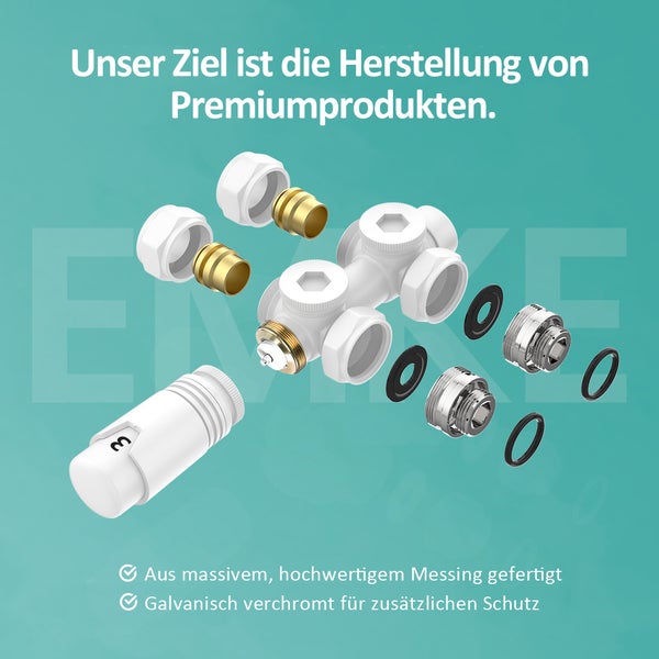 Einzelne Komponenten eines Heizkörperanschluss-Sets aus Messing und Kunststoff