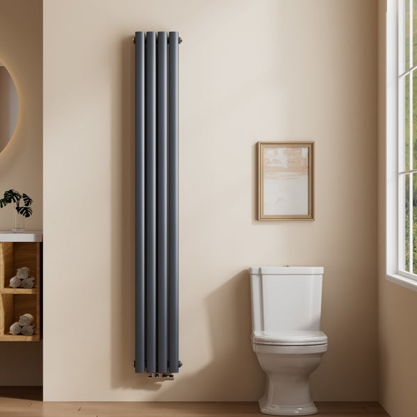 EMKE Heizkörper 1800×240 mm, vertikal, Design Röhrenheizkörper, Doppelrohr Ovalprofil, Anthrazit, 678 W, Warmwasser, Mittelanschluss, für Badezimmer