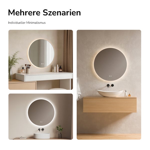 Runder LED-Badspiegel mit Hintergrundbeleuchtung in verschiedenen Wohnszenarien wie Badezimmer und Schminktisch, minimalistisches Design.