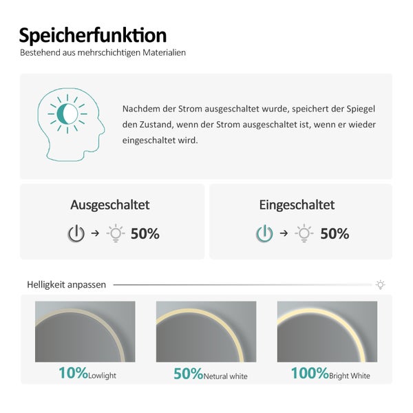 EMKE LED Badspiegel Ø60 cm, 4300K Neutralweiß, Antibeschlag, Touchschalter, dimmbar, Uhranzeige, mattierte Spiegelkante, IP44, horizontal montierbar, für Badezimmer
