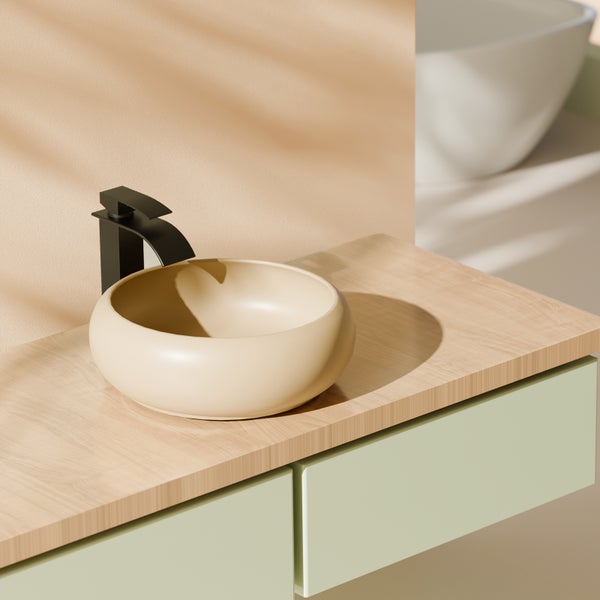 EMKE Aufsatzwaschbecken Ø36 cm, Keramik, Beige matt, Rund, Design Waschbecken für Bad & Gäste-WC, Pflegeleicht, Feuchtigkeitsbeständig, Höhe 12 cm