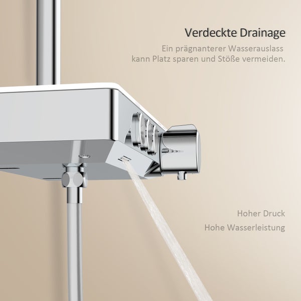 EMKE Duschsystem mit Thermostat Glasablage Handbrause 3 Strahlarten Regendusche, Wasserauslass Verbrühungsschutz Wandmontage KTW-Zertifizierung, Chrom