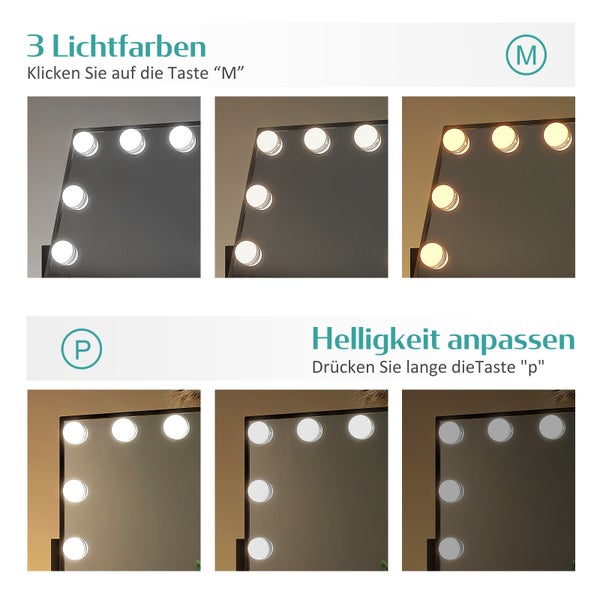 EMKE Hollywood Kosmetikspiegel mit Beleuchtung 305x360 mm, LED Schminkspiegel mit Metallrahmen, 7x Vergrößerung, 9 dimmbare Lichtquellen, 3 Lichtfarben, Memory-Funktion, 360° drehbar, Schwarz – für Schminktisch & Schlafzimmer