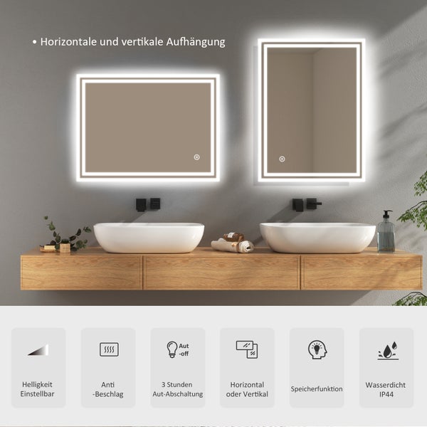 Badezimmer mit zwei beleuchteten Spiegeln, zwei Waschbecken und Holzunterschrank