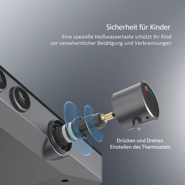 EMKE Duschsystem mit Thermostat, Regendusche & Handbrause mit 3 Strahlarten, Glasablage, Verbrühungsschutz, KTW-zertifiziert, Wandmontage, Anthrazit Matt