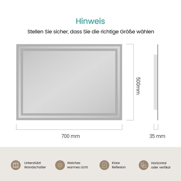 Technische Zeichnung eines rechteckigen Spiegels mit Beleuchtung, Abmessungen 700x500x35 Millimeter, unterstützt Wandschalter, warmes Licht, klare Reflexion, horizontal oder vertikal