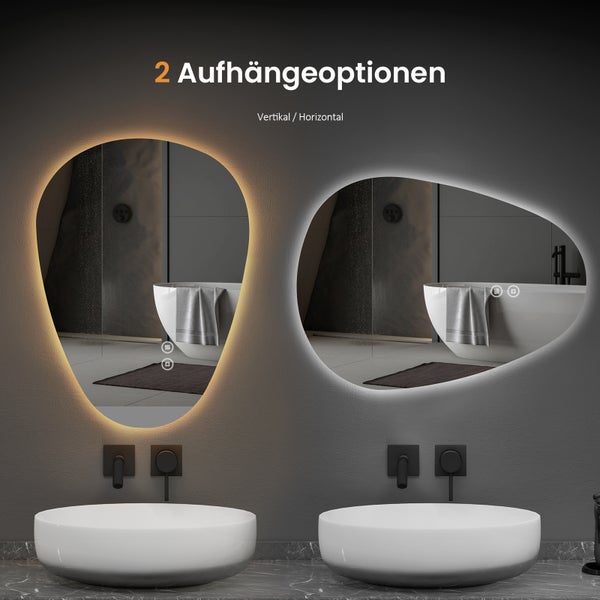 EMKE LED Badspiegel 80x60 cm, asymmetrisches Design, 3 dimmbare Lichtfarben & Helligkeit einstellbar, beschlagfrei, Memory-Funktion, horizontal & vertikal montierbar, IP44, für Bad