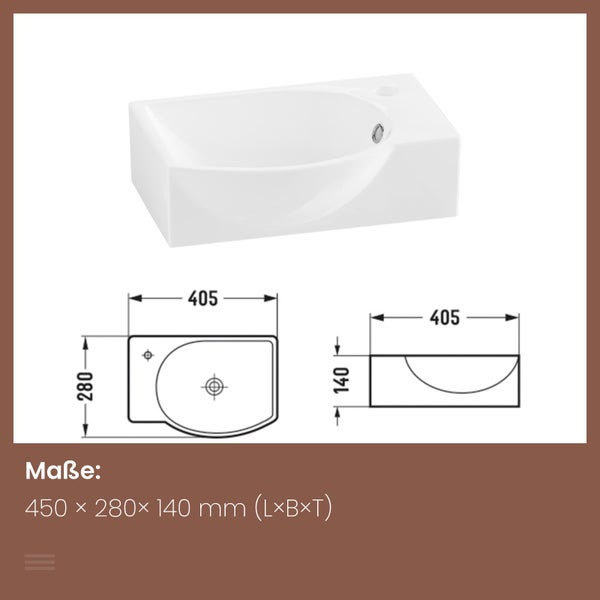 EMKE Handwaschbecken 405 x 280 mm, asymmetrisch, Keramik, mit Hahnloch rechts, glänzend weiß, kompaktes Hängewaschbecken für Gäste-WC, Höhe 140 mm, zur Wandmontage