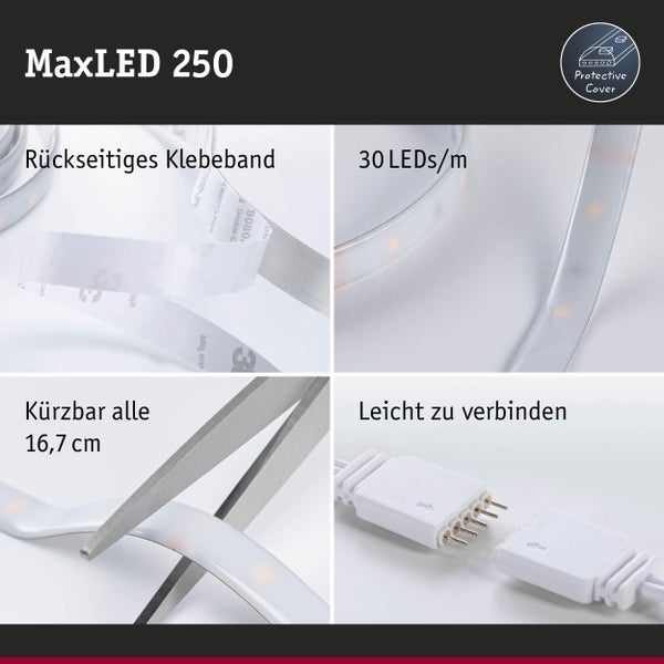 MaxLED 250 LED-Streifen mit rückseitigem Klebeband, 30 LEDs pro Meter, Schutzabdeckung, kürzbar alle 16,7 Zentimeter, leicht zu verbinden