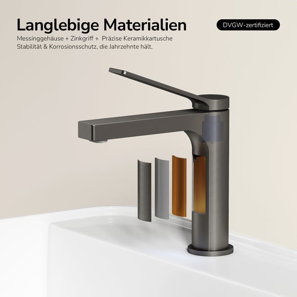 Wasserhahn aus Messing und Zink mit Keramikkartusche und DVGW-Zertifizierung