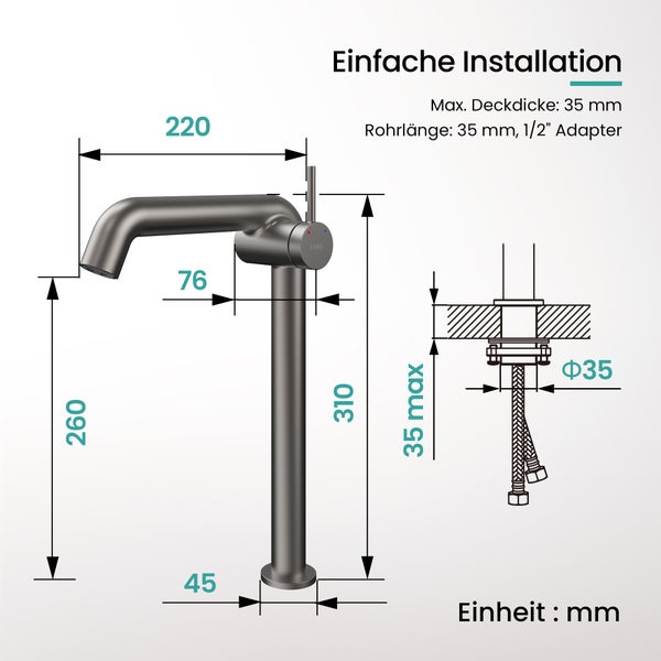 EMKE Einhebel-Waschtischarmatur, Badarmaturen, Waschbecken Armatur - Schweizer Design，G3/8, Wassersparend, Korrosionsschutz, Warm- & Kaltwasser, Bleifreies Messing,332x220x76mm,Anthrazit Matt