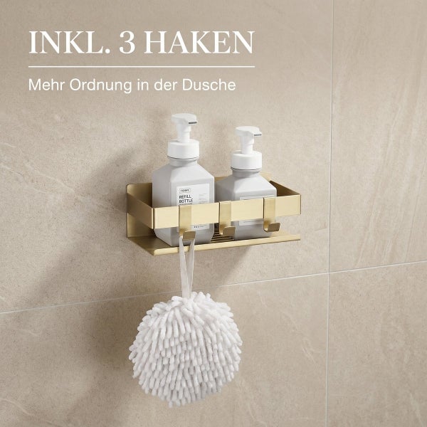 Duschablage zur Wandmontage mit drei Haken für mehr Ordnung in der Dusche inklusive zwei Seifenspendern.