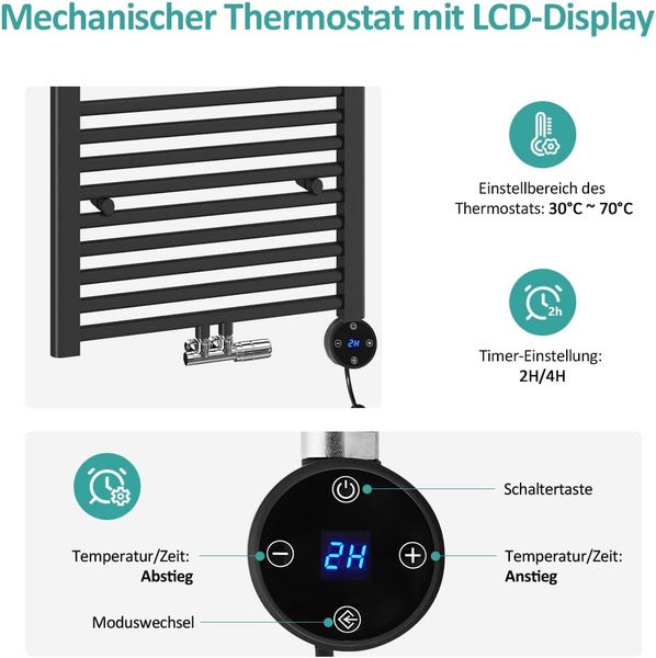 EMKE Heizstab 600W mit Thermostat und LCD Bildschirm, Heizpatrone für Badheizkörper Heizelemente aus Edelstahl Heizungen Handtuchwärmer Schwarz