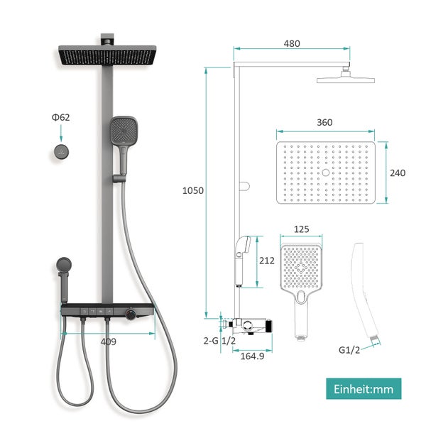 Maßzeichnung der Duscharmatur mit Kopfbrause, Handbrause und Thermostat