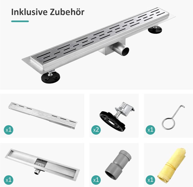 EMKE Duschrinne Edelstahl 80cm Komplettset Bodenablauf Dusche Siphon mit Geruchsstop und Haarsieb Randablauf, Duschablauf Ablaufrinne Dusche Duschabfluss für Badezimmer