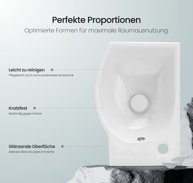 EMKE Handwaschbecken 405 x 280 mm, asymmetrisch, Keramik, mit Hahnloch rechts, glänzend weiß, kompaktes Hängewaschbecken für Gäste-WC, Höhe 140 mm, zur Wandmontage