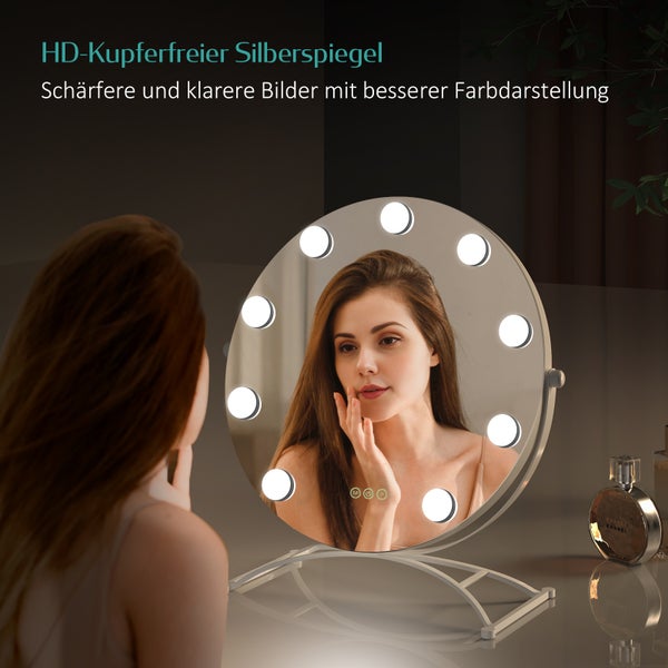 EMKE Hollywood Schminkspiegel Ø40 cm, LED-Tischspiegel mit Touch-Funktion, 9 dimmbare Leuchtmittel, 3 Lichtfarben, 7x Vergrößerung, Memory-Funktion, 360° drehbar, bohrfrei, Weiß – für Schminktisch & Schlafzimmer